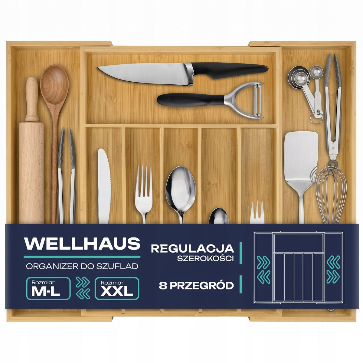 Wkład do szuflady 55 CM rozsuwany na sztućce duży bambusowy drewno wellhaus organizer kuchenny, widelce, noże, łyżki, 8