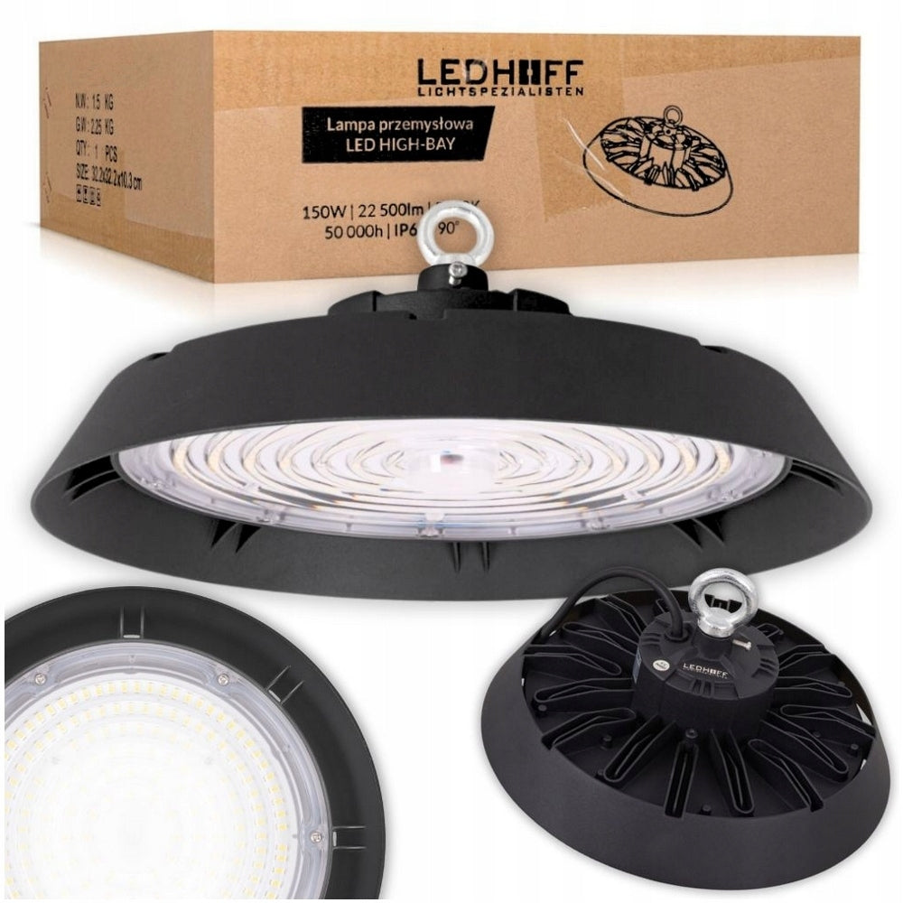 Lampa przemysłowa LED UFO do magazynu Hali 150W 22500lm hermetyczna HighBay oprawa fabryczna do warsztatu, czarna