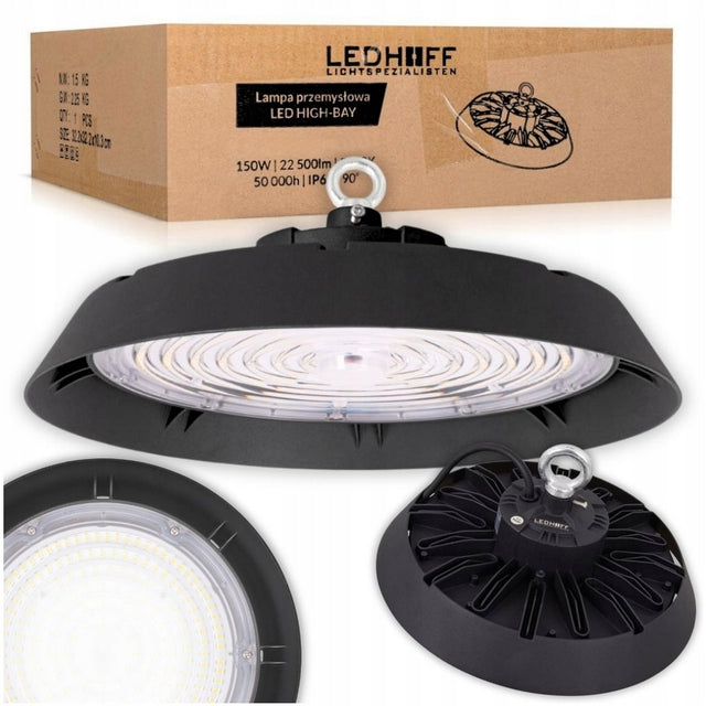 Lampa przemysłowa LED UFO do magazynu Hali 150W 22500lm hermetyczna HighBay oprawa fabryczna do warsztatu, czarna aluminiowa