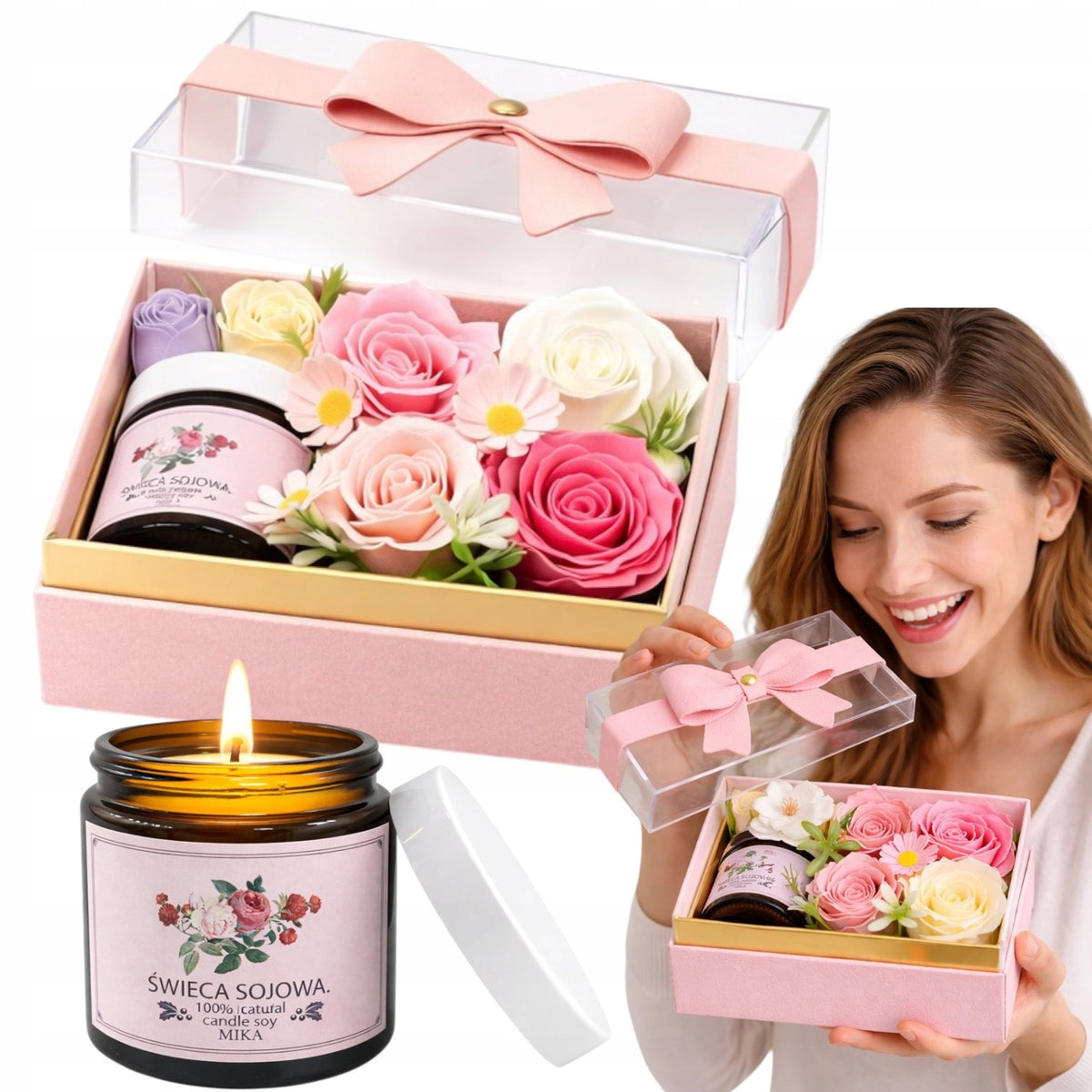 Flower Box kwiaty mydlane + świeca zapachowa w pudełku prezent różowy dekoracja wnętrza, kompozycja ozdobna, upominek