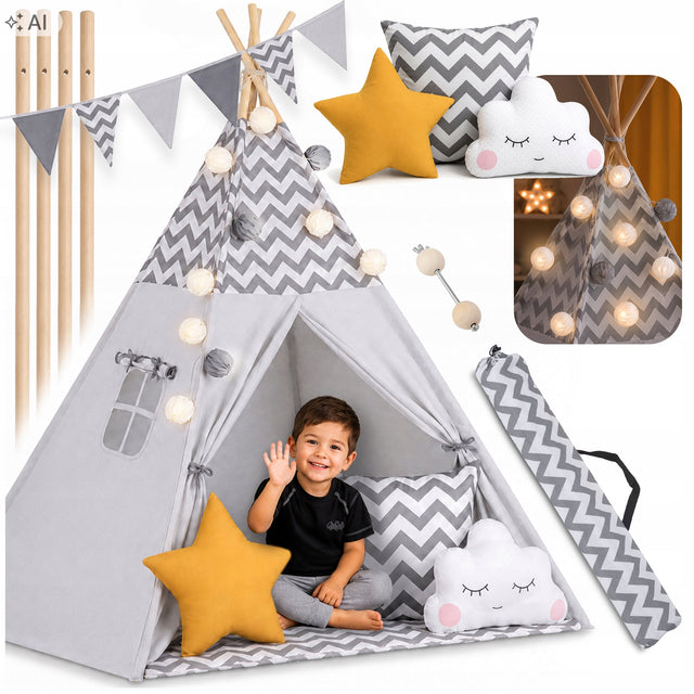 Tipi namiot wigwam dla dzieci teepee Girlanda Poduszki Stabilizator Nukido iglo szary 165 cm mata i pokrowiec do zabawy od 3 lat kryjówka dla malucha
