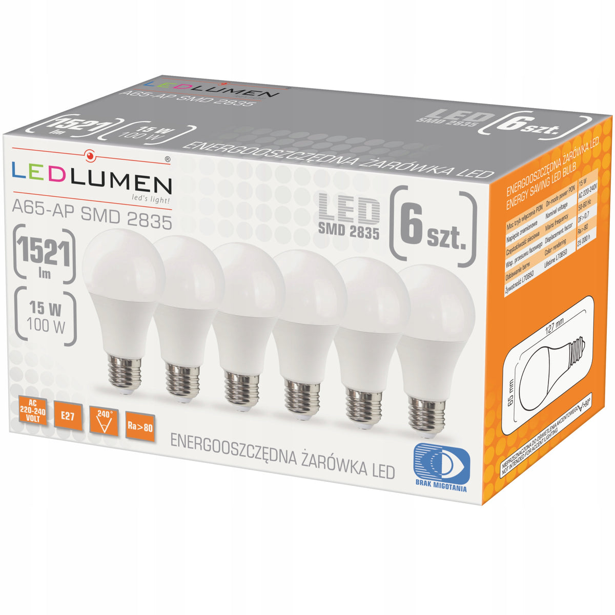 Zestaw 6x Żarówka LED E27 A65 15W=100W 1521lm 240° Premium Ciepła 3000K źródło światła do lamp, kulista, oświetlenie