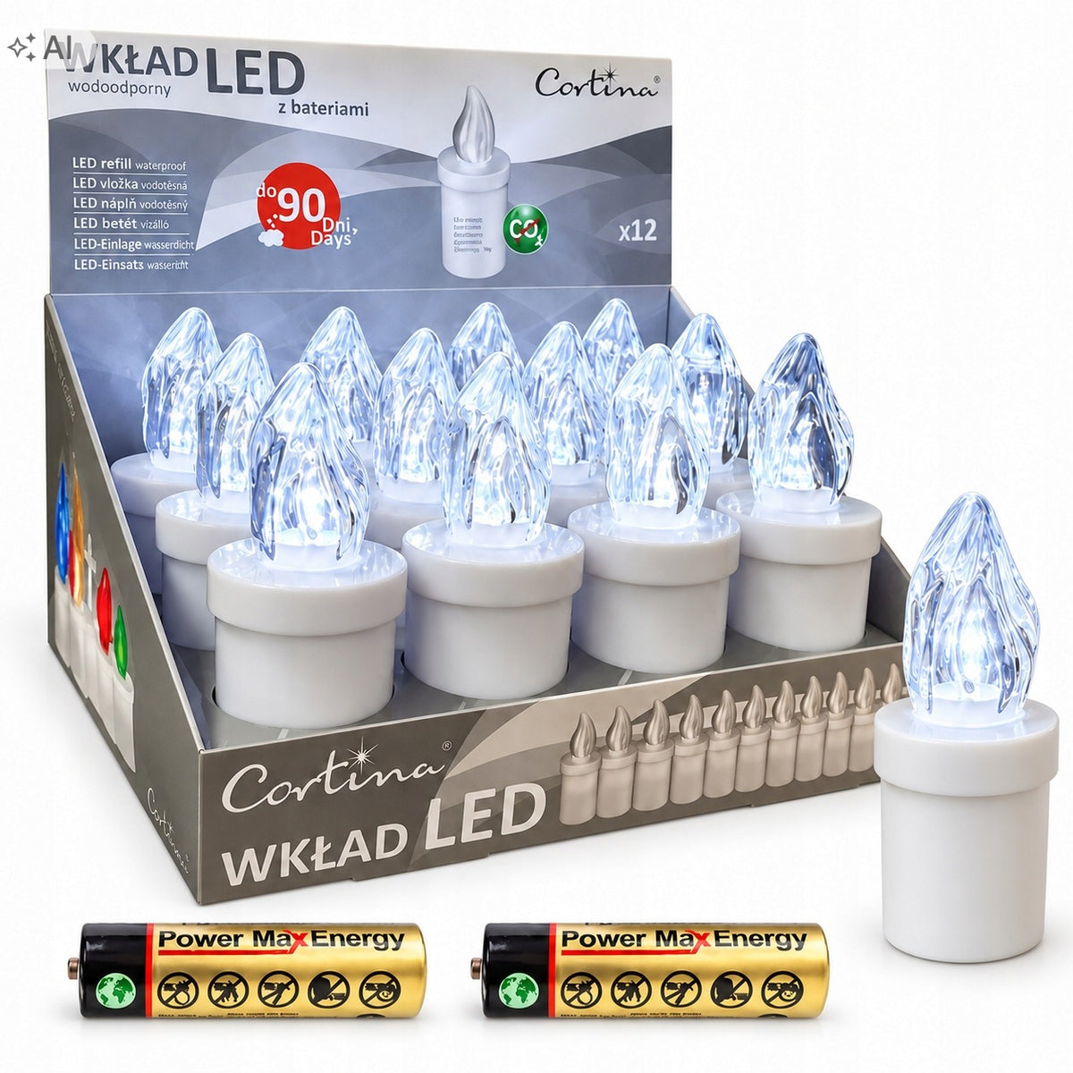 Wkład Do Zniczy na baterie Led 90 Dni Biały + BATERIE Cortina (12 sztuk) świeca elektroniczna, lampka cmentarna
