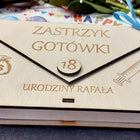 Pudełko koperta na pieniądze prezent na 18 urodziny 18STKE zastrzyk gotówki ramka z życzeniami, grawerowana pamiątka