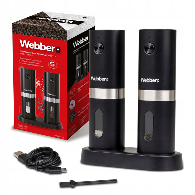 Młynek do pieprzu i soli elektryczny akumulatorowy USB 2 SZT webber premium do przypraw, pojemność 70 g, czarny