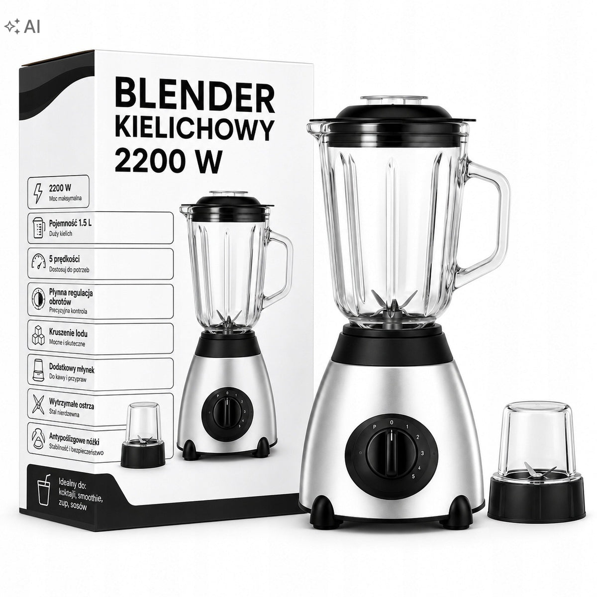 Blender kielichowy kuchenny do smoothie owoców zup koktajli lodu 2200W 1,5l