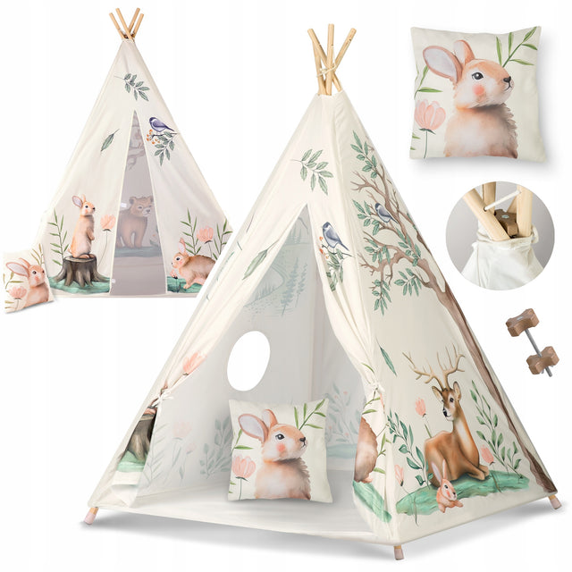 Tipi namiot dla dzieci teepee wigwam poduszka stabilizator leśne zwierzątka domek do zabawy, kryjówka, bawialnia, beżowy, od 3 lat namiot pokojowy 3