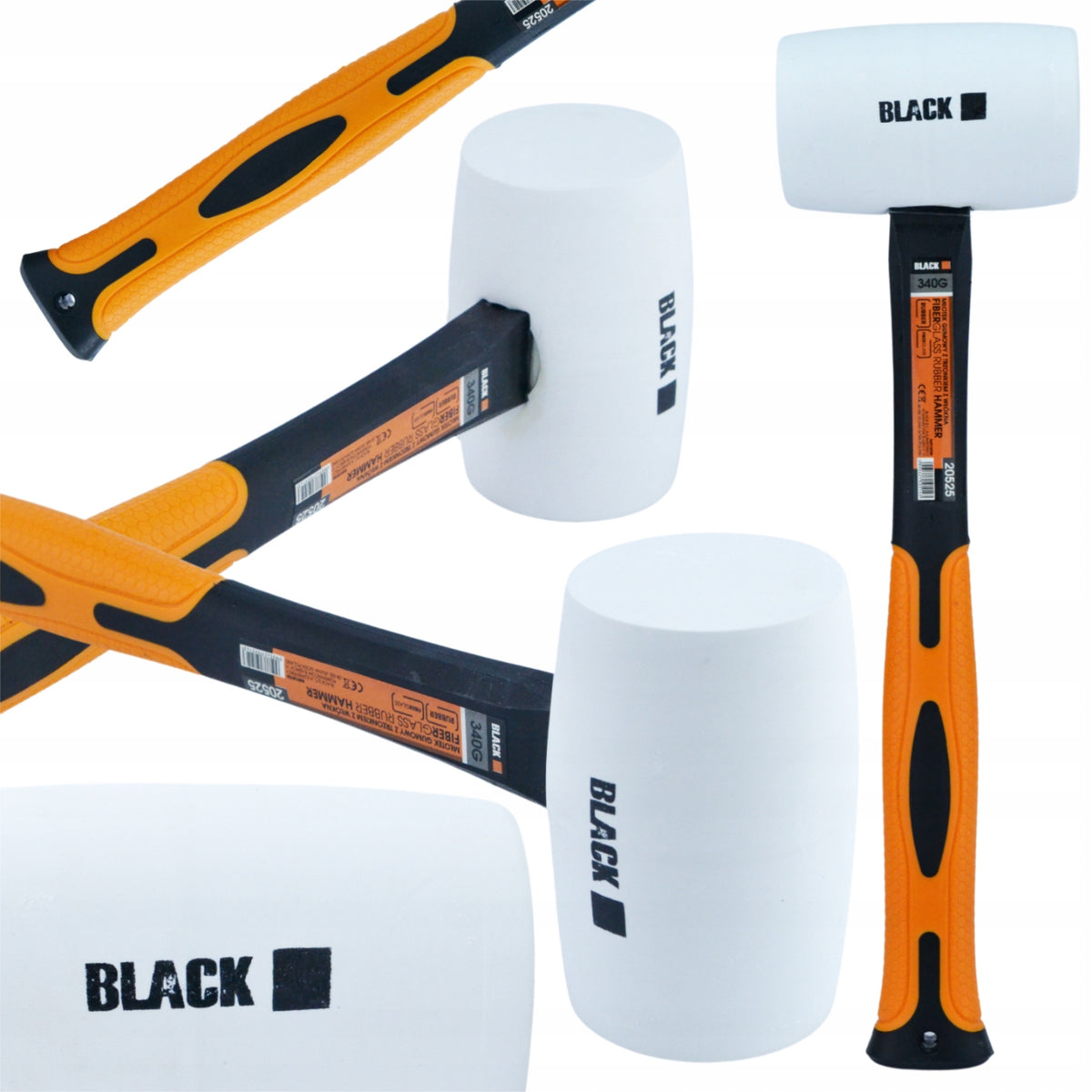 PROFESJONALNY MŁOTEK GUMOWY 340G TRZONEK FIBERGLASS BIAŁA GUMA MARKI BLACK pobijak do prac montażowych, antypoślizgowa
