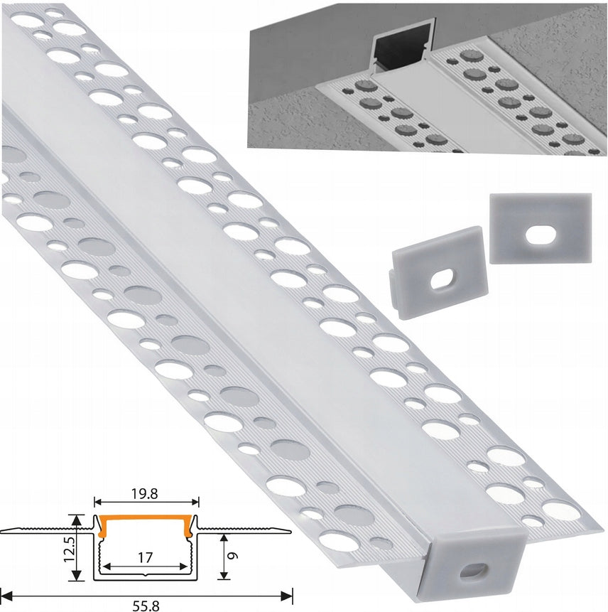 Profil XL 17mm aluminiowy do taśm led płyt karton-gips KG klosz mleczny 2m listwa wpuszczana, kanał montażowy, osłona
