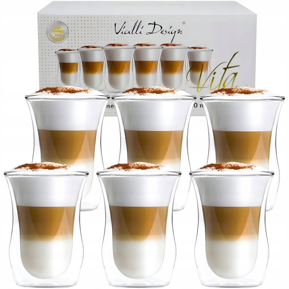 VIALLI 6x SZKLANKI KUBKI TERMICZNE DO KAWY LATTE HERBATY DRINKÓW 300ml cappuccino, szkło z podwójną ścianką, bezbarwne