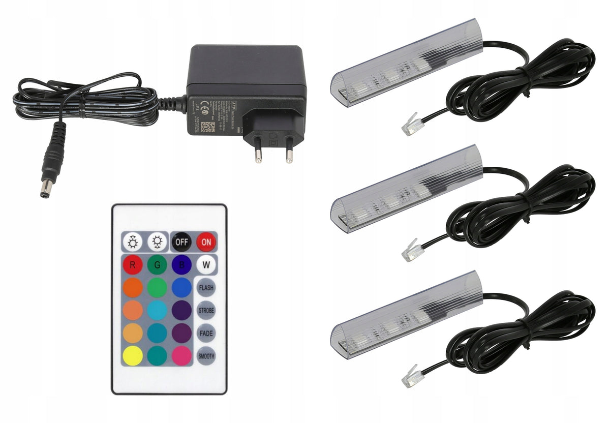 3x klipsy LED RGB do półek szyb klips komplet Kabel Czarny oświetlenie witryn, lampki meblowe wielokolorowe 12 V DC