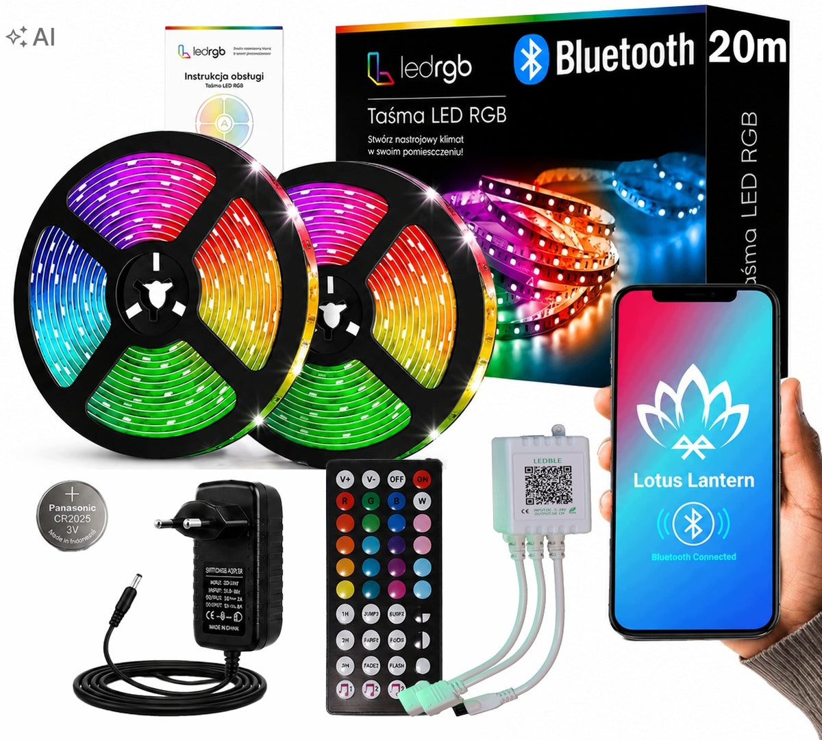 Zestaw Taśma LED 20m 2x10m RGB 5050 bluetooth pilot aplikacja muzyka timer oświetlenie dekoracyjne do pokoju, zmienna