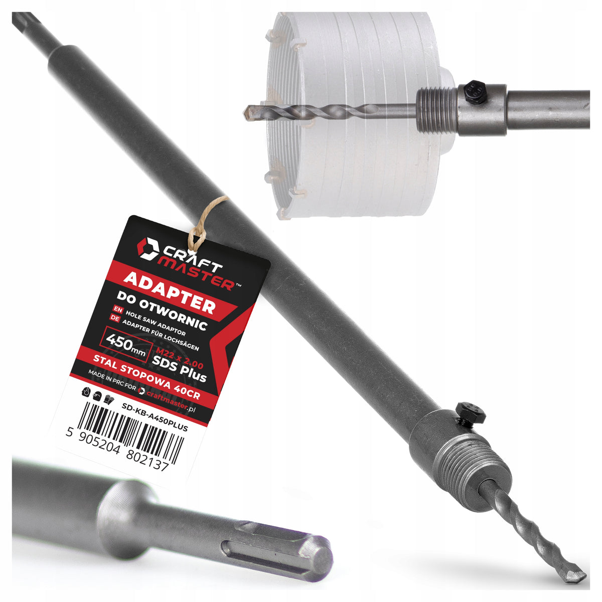 ADAPTER do OTWORNIC PRZEDŁUŻKA 450mm M22x2.0 KORONKI SDS PLUS do BETONU uchwyt do wiertarki, mocowanie narzędzi do