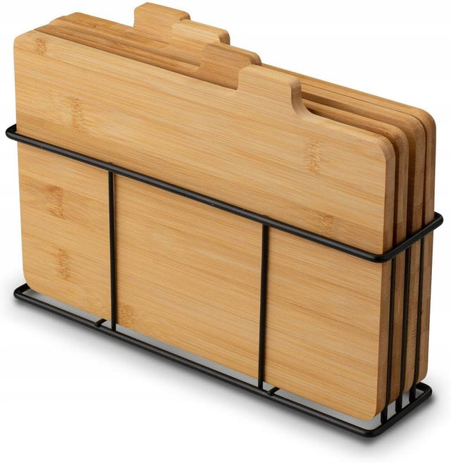 Komplet 4 bambusowych desek do krojenia i serwowania+ czarny loftowy stojak 29 cm