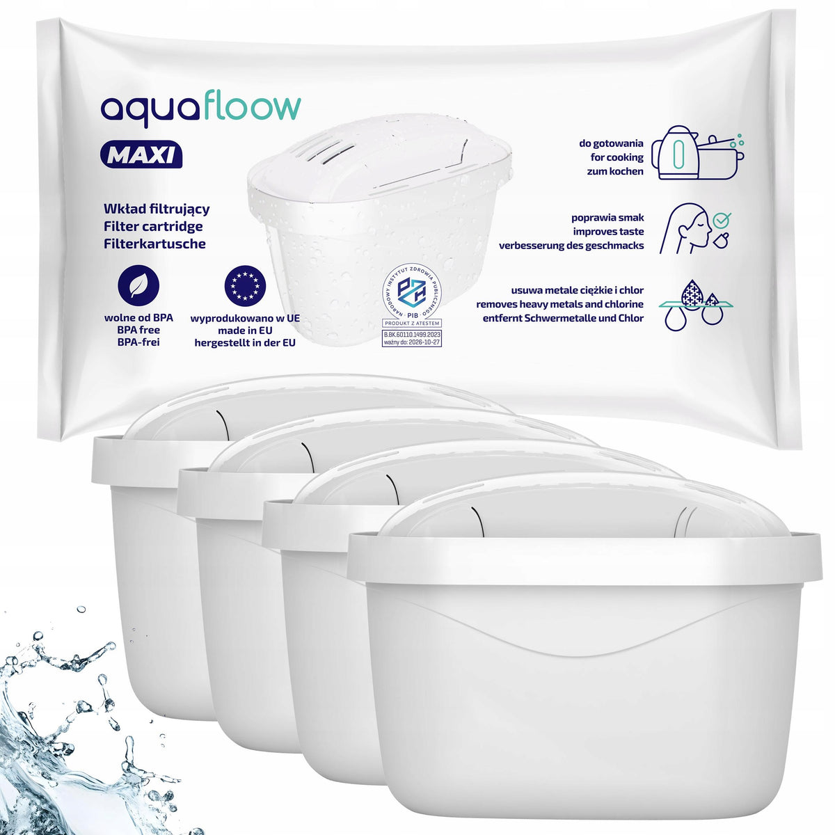 4x filtr wody AquaFloow Maxi do dzbanka szklanego Wessper Dafi zamiennik biały