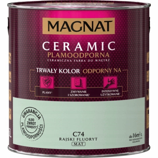Magnat ceramic - C74 - rajski fluoryt- 2,5l farba do ścian, zielona matowa, wydajność 16 m²/l