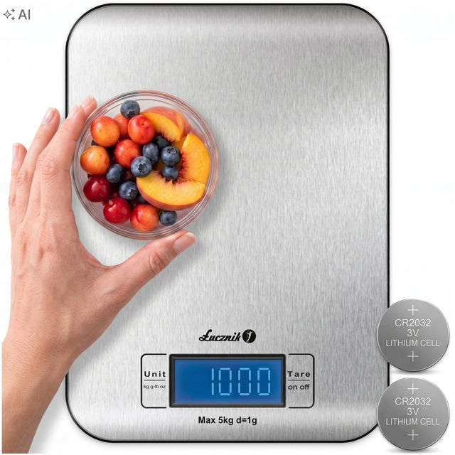 Waga kuchenna elektroniczna precyzyjna Łucznik płaska inox LCD od 1g do 5kg odmierzanie składników, tarowanie, automatyczne wyłączanie, srebrna
