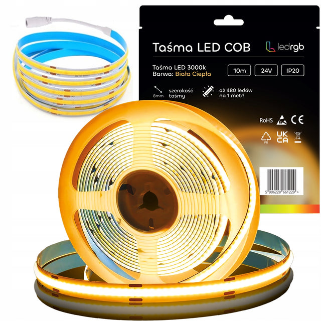 Taśma LED Neon COB 24V 10m 480 diod 3000K biała ciepła homogeniczna 8mm oświetlenie dekoracyjne do wnętrz, światło liniowe, IP20