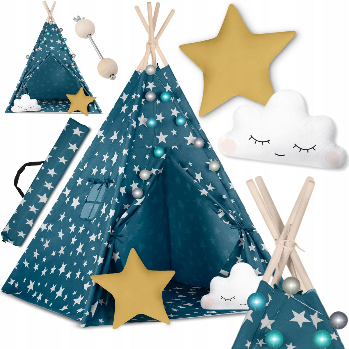 Tipi namiot wigwam dla dzieci teepee Poduszki Lampki Pokrowiec Nukido iglo do zabawy, niebieska kryjówka 120x190 cm, od