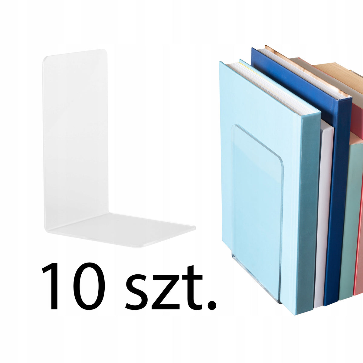 Podpórki do książek Stojak Pleksi Przeźroczyste komplet 10 szt. grubość 3mm ograniczniki na półkę, ekspozytor do