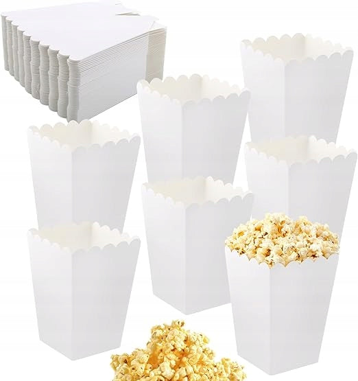 50 sztuk pudełek na popcorn, małe białe pudełka na popcorn, pojemniki 12 cm miseczki na prażoną kukurydzę, opakowania na przekąski, na imprezę