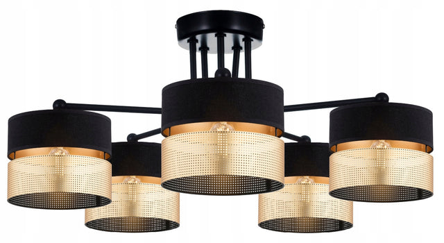Lampa Sufitowa Abażur Żyrandol Czarno Złoty Led oprawa wisząca 5-punktowa E27 metalowa do salonu i jadalni, szerokość 40 cm