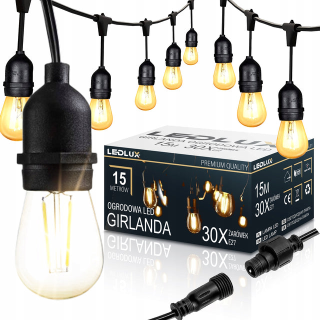 Girlanda Ogrodowa Świetlna 15m 30X Żarówka LED E27 + Przewód Wodoszczelna lampki tarasowe balkonowe dekoracyjne ciepłe światło zasilanie sieciowe