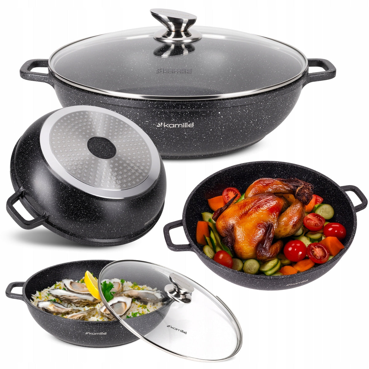 GARNEK 5,5 L MARMUROWY Patelnia Wok BRYTFANNA POKRYWA INDUKCJA GAZ KAMILLE garnek tradycyjny 32 cm 5.5 l aluminiowe