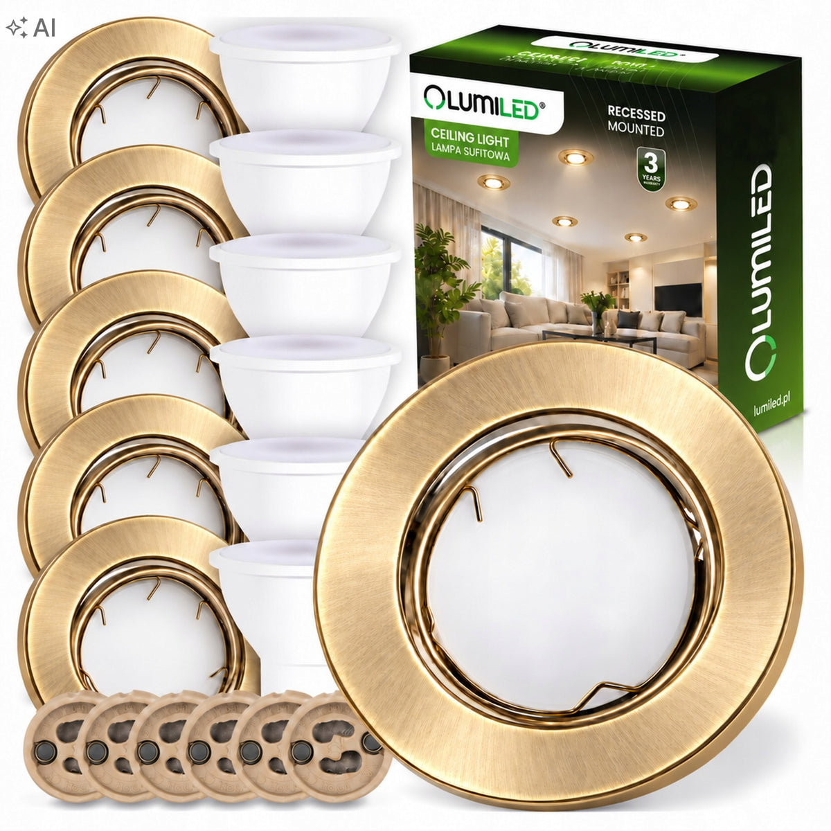6x Oprawa Podtynkowa 6W Halogenowa Lampa Sufitowa Ruchoma Żarówka LED GU10 oczko do zabudowy w kolorze mosiądzu klasa