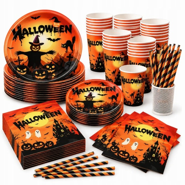 Duży zestaw talerzyki kubeczki serwetki słomki halloween dynia zastawa 96el akcesoria na przyjęcie tematyczne, imprezę