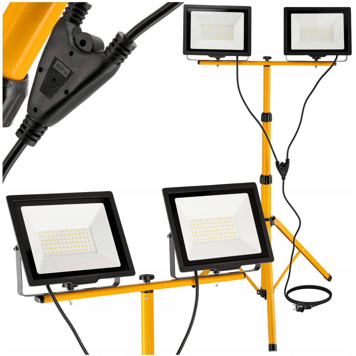 Zestaw Naświetlacz LED 2x100W 200W + Statyw 160cm Neutralna 4500K duża MOC reflektor roboczy, oświetlenie budowlane