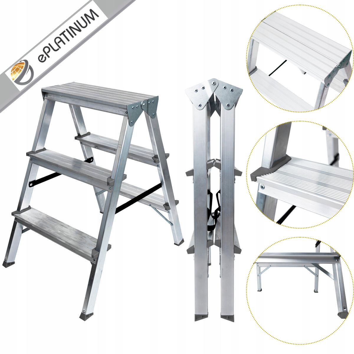 Drabinka dwustronna 3 stopniowa 120kg Schodki podest stołek taboret jakość aluminiowa do prac domowych, wysokość