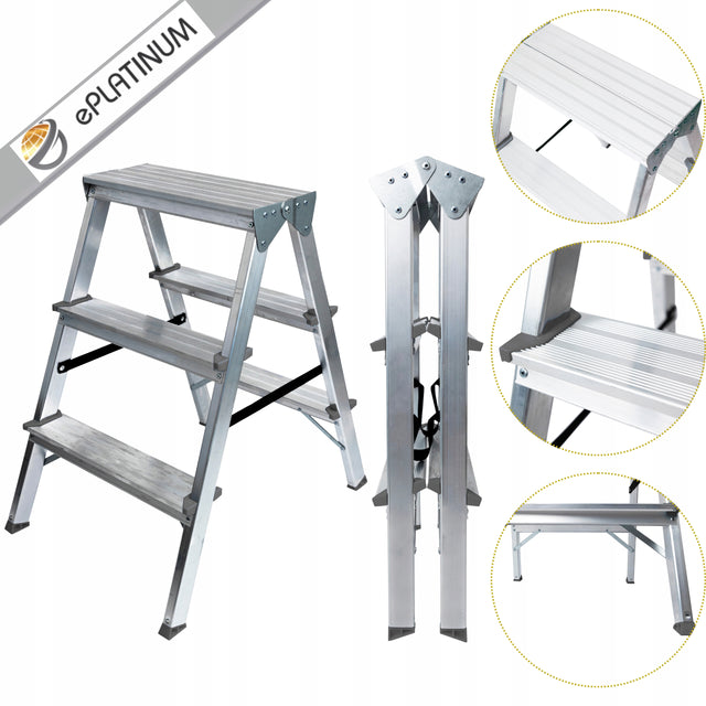 Drabinka dwustronna 3 stopniowa 120kg Schodki podest stołek taboret jakość aluminiowa do prac domowych, wysokość robocza 2,6 m