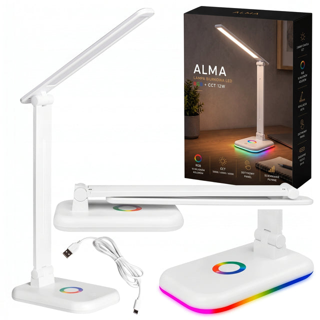 Lampka na biurko Biurkowa LED Szkolna Nocna RGB Światła Regulowana Dotyk lampa stołowa do nauki i czytania, ściemniana, biała, zasilana z sieci