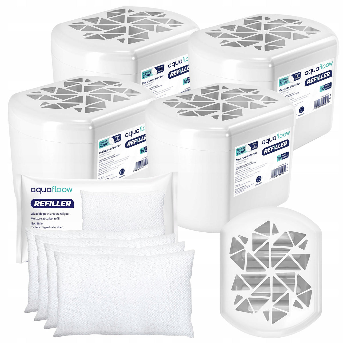 Pochłaniacz wilgoci osuszacz powietrza AquaFloow: 4x urzadzenie + 4x wkład absorber, do pomieszczeń, pojemnik 250 ml