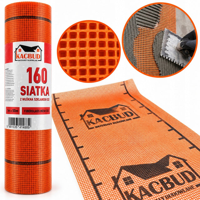 Kacbud siatka elewacyjna podtynkowa 160g/m2 włókno szklane 1x50m 50m2 do ocieplenia fasady, pod tynk, rolka do ścian, sufitów i podłóg, wilgoć