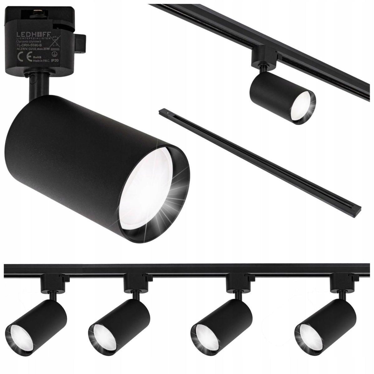 Oświetlenie szynowe Zestaw listwa 1m + 4x lampa GU10 CZARNY szynoprzewód reflektory sufitowe, 4 punkty świetlne, bez