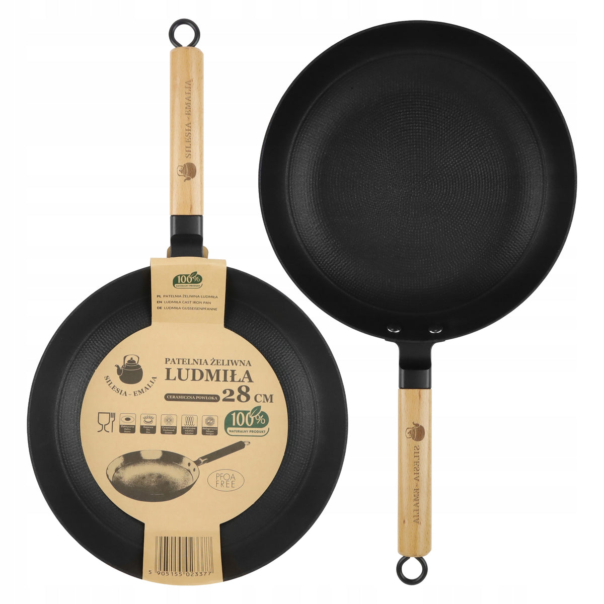 Patelnia żeliwna z drewnianą rączką LUDMIŁA 28cm INDUKCJA GAZ NON-STICK do smażenia, na kuchnię ceramiczną i
