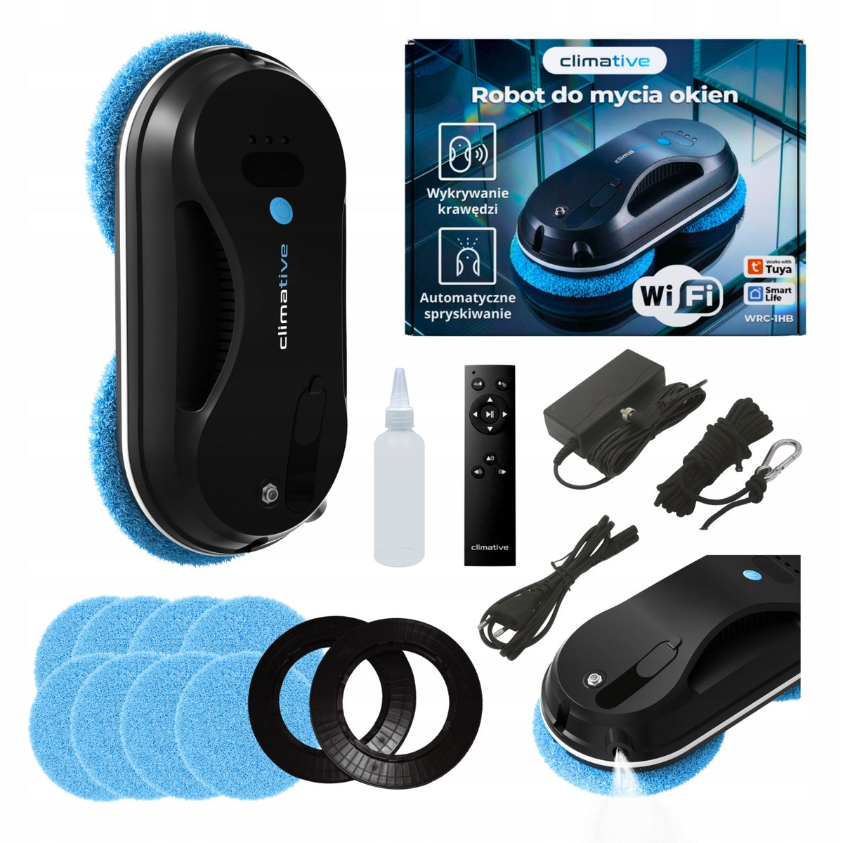 Robot do mycia okien sprzątający WiFi myjka 6600PA pilot zestaw 10 frotek automatyczny czyszczacz szyb, czujniki