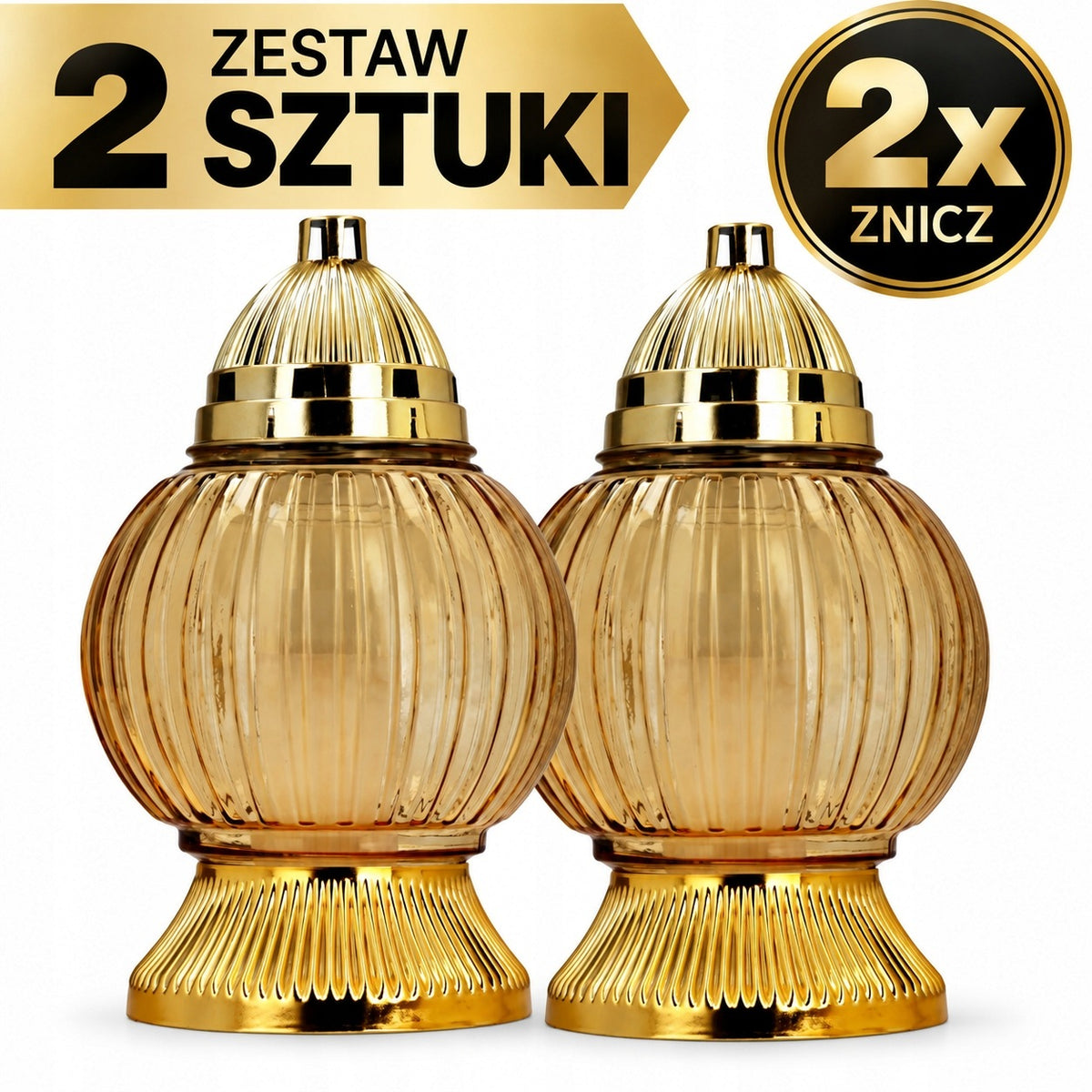 Znicz Szkalny 185 Kula Metalizowana Złoty Duży Lampion lustrzany blask 2szt parafinowy na cmentarz, dekoracja nagrobna