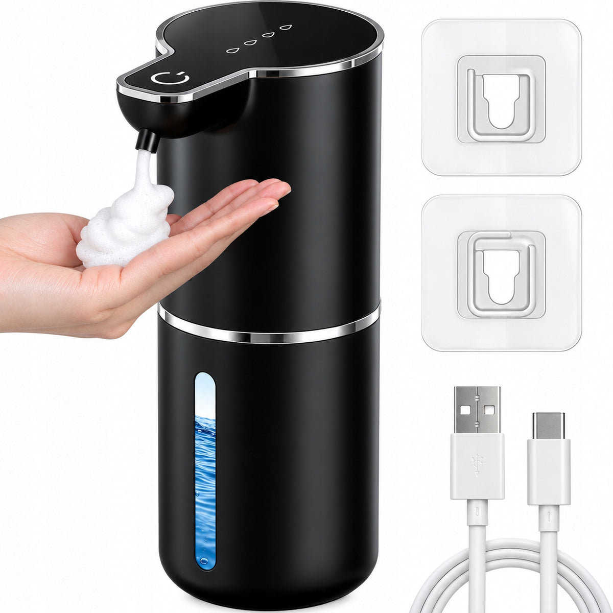 Dozownik mydła w pianie 380ml automatyczny bezdotykowy dyspenser czarny USB podajnik łazienkowy, sensorowy, stojący