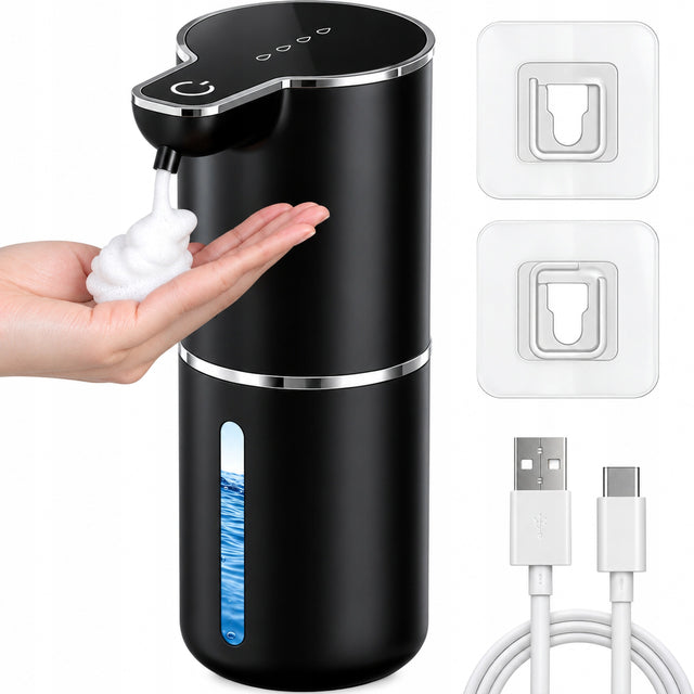 Dozownik mydła w pianie 380ml automatyczny bezdotykowy dyspenser czarny USB podajnik łazienkowy, sensorowy, stojący, akumulatorowy