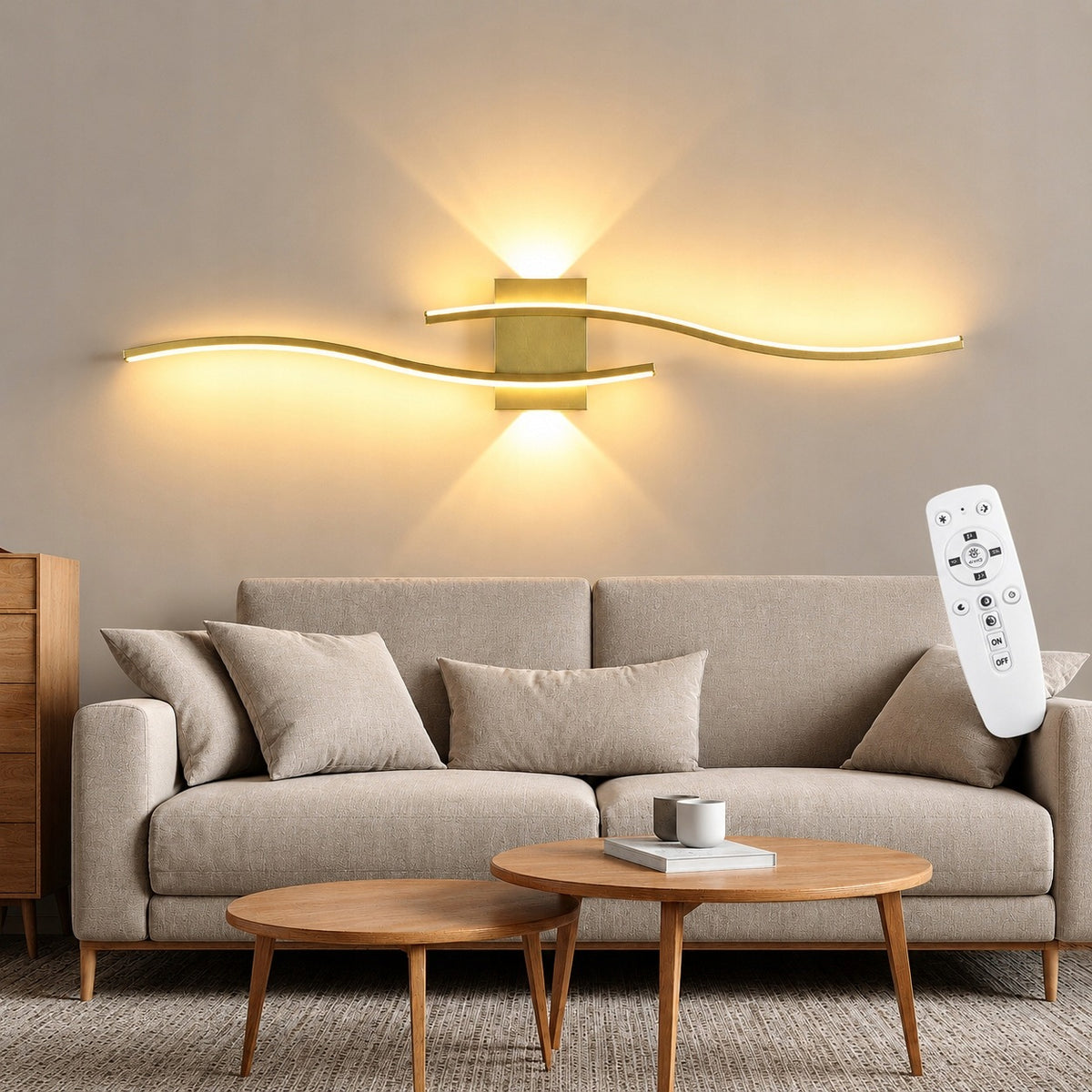 LAMPA ŚCIENNA LED KINKIET ZŁOTA ŚCIEMNIANA + PILOT NOWOCZESNA DO SALONU 29W aluminium, 2 punkty światła, zintegrowane