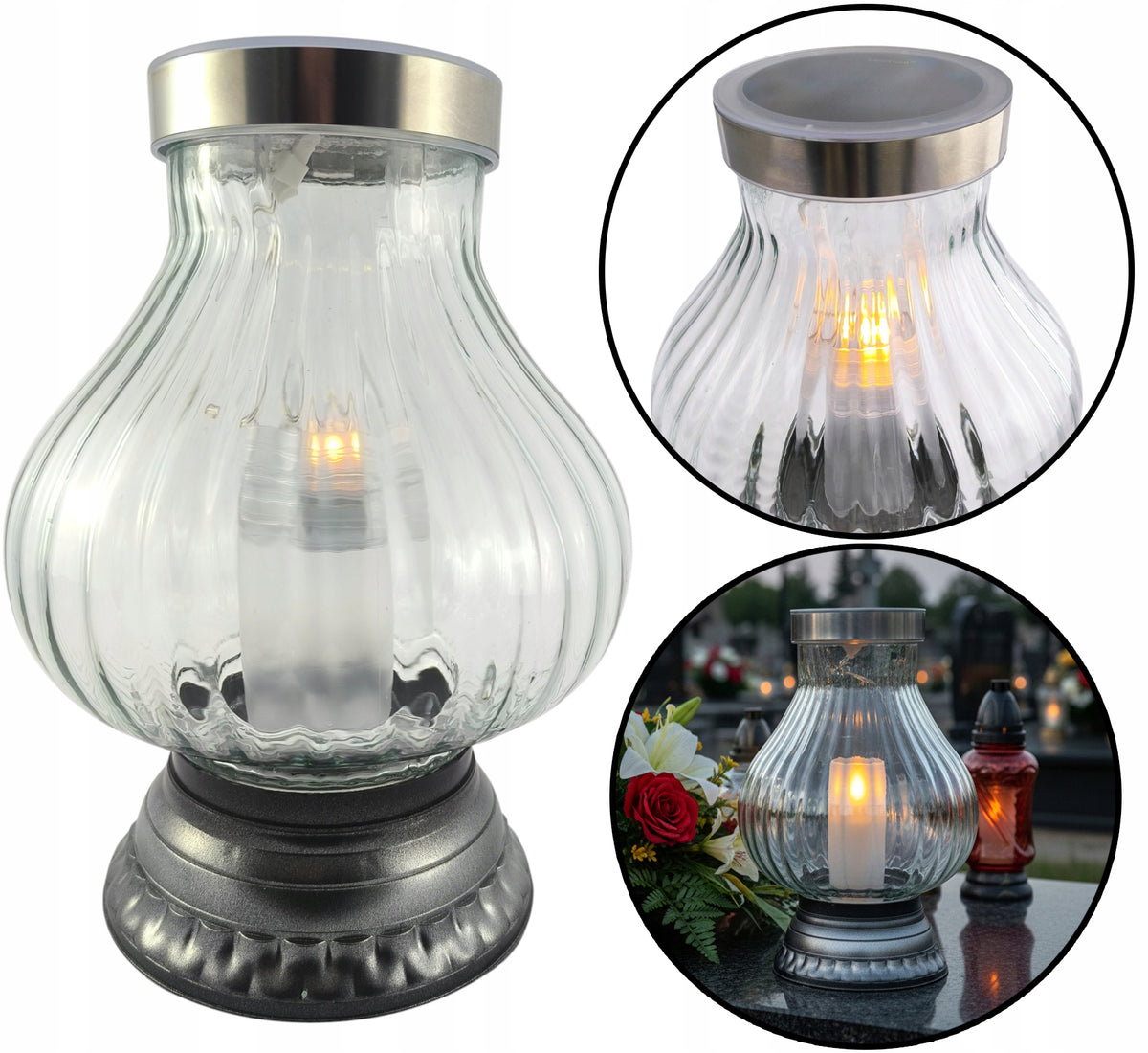 Duży znicz solarny szklany LAMPA LED lampion 28cm na grób oświetlenie nagrobne, dekoracja cmentarna, lampka zasilana