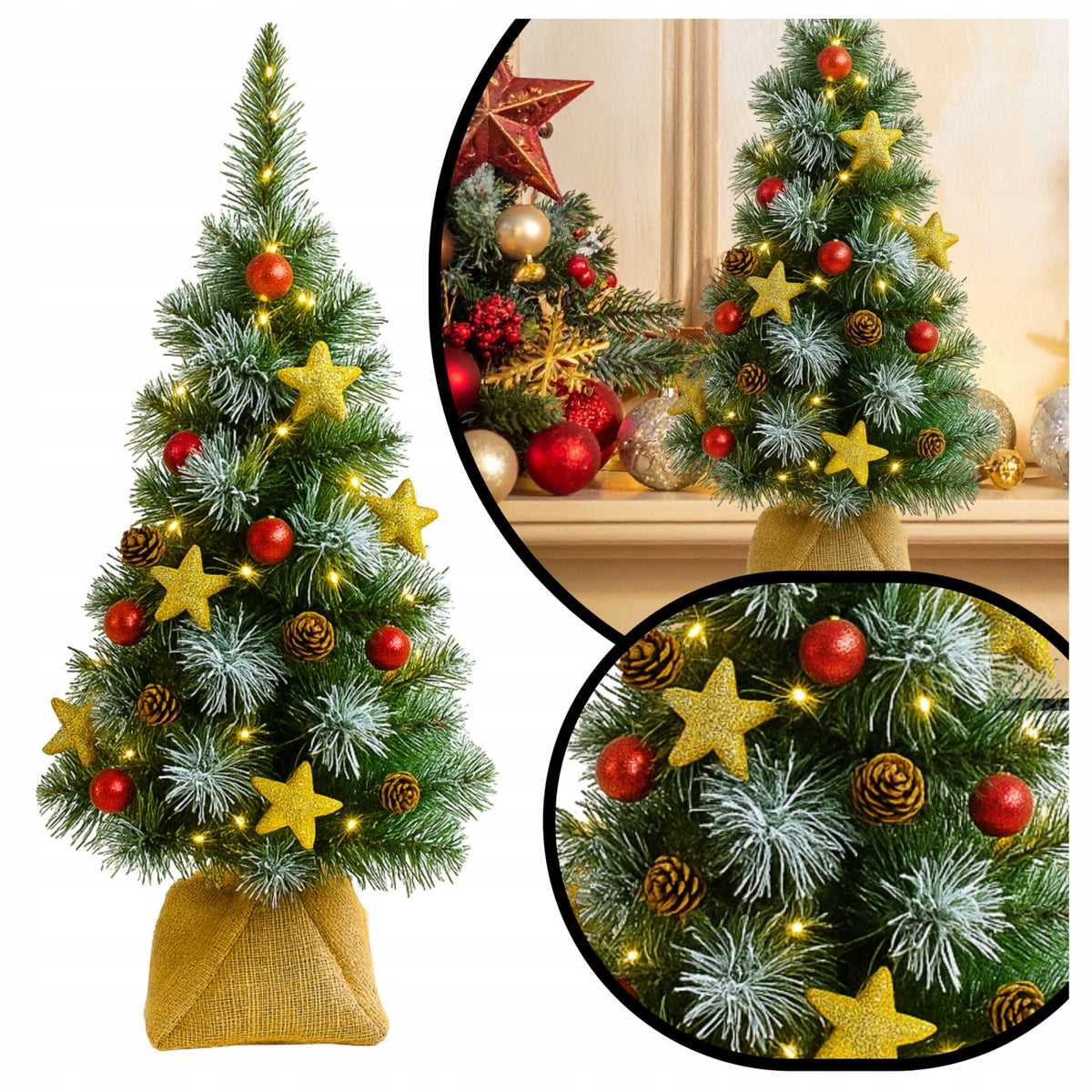 MAŁA CHOINKA SZTUCZNA Z SZYSZKAMI BOMBKAMI 55cm czerwona LAMPKI 20LED sosna Do 100 cm zielony