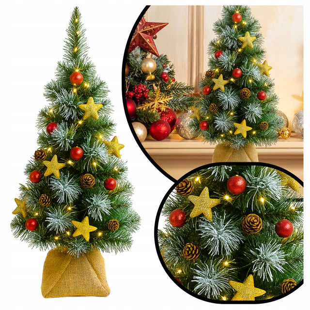 Mała choinka sztuczna z szyszkami bombkami 55cm czerwona lampki 20LED sosna Do 100 cm zielony