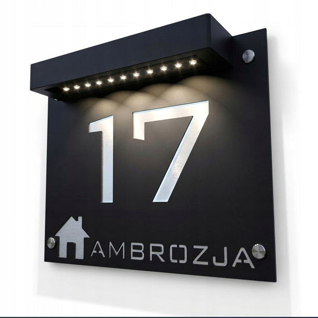 Tabliczka z numerem domu podświetlana solarna 40x30 montaż na kołki oznaczenie posesji, adresówka zewnętrzna, szyld adresowy