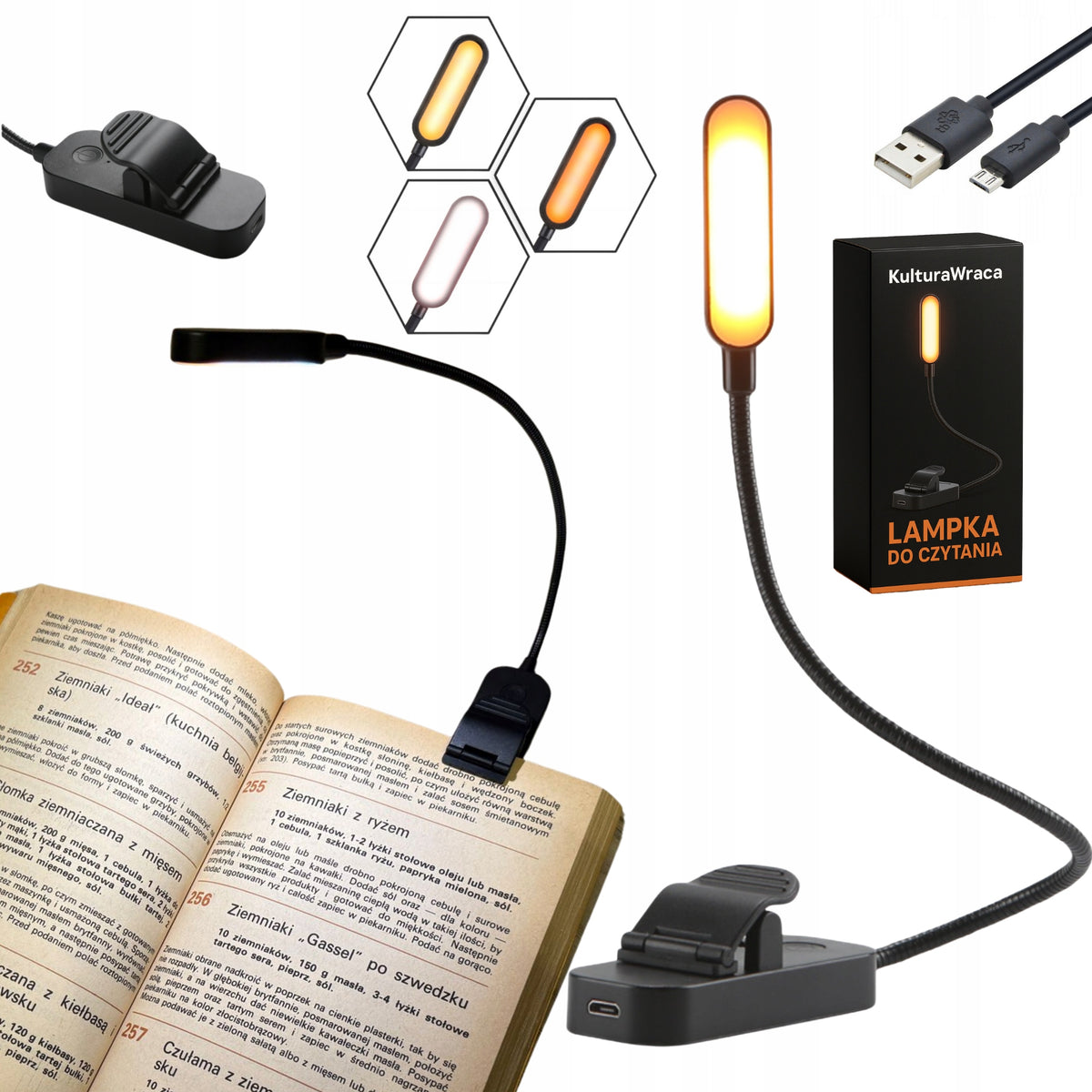 Lampka do czytania książek 34 CM bezprzewodowa nocna biurkowa USB z klipsem oświetlenie LED, ściemniana, akumulatorowa