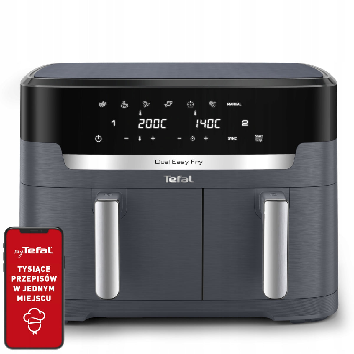 Frytkownica beztłuszczowa tefal EY942B XXL 11l 2700W dwukomorowa Air Fryer szary