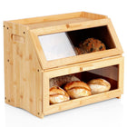 Chlebak bambusowy pojemnik na pieczywo duży dwupoziomowy piętrowy szafka na chleb i bułki, prostokątny brązowy 39x25 cm